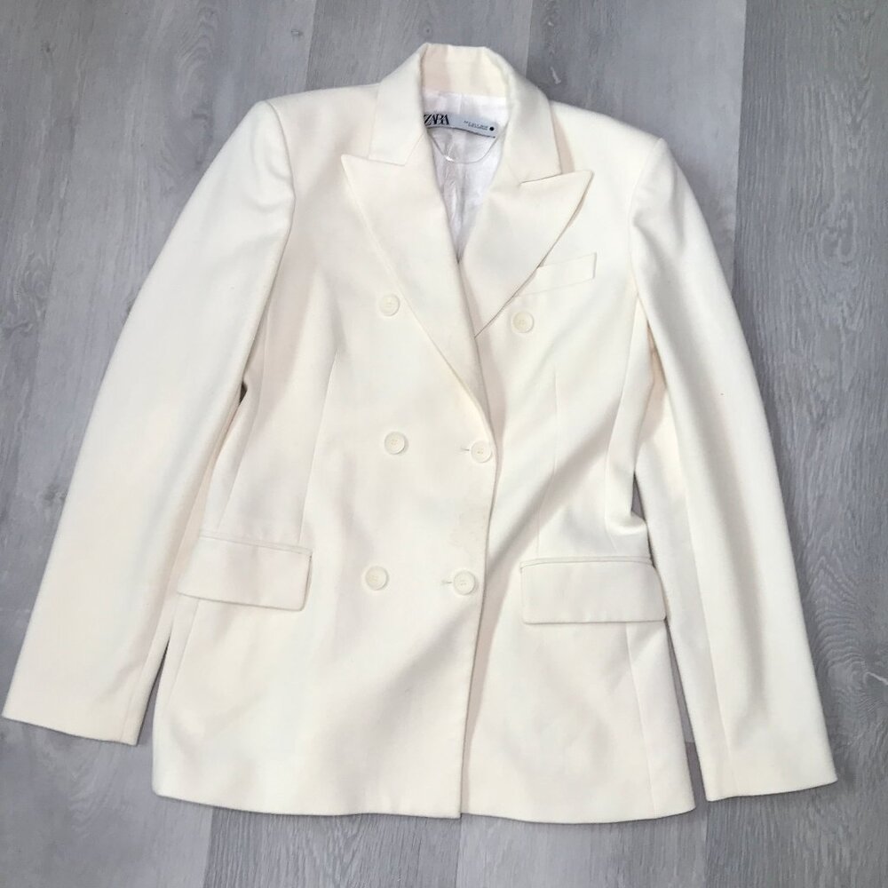 ZARA WOMENS DOUBLE BREASTED BLAZER JACKET LONG LINE IVORY STRUCTURE SMALL